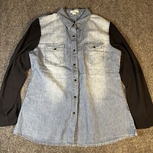 Hannah Button Down Shirt Womens Small Blue Black Denim Mixed Media Casual Blouse